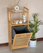 2-in-1 bamboo laundry hamper with removable fabric liner and top storage shelf for stylish home organization.