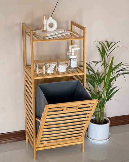 2-in-1 bamboo laundry hamper with removable fabric liner and top storage shelf for stylish home organization.