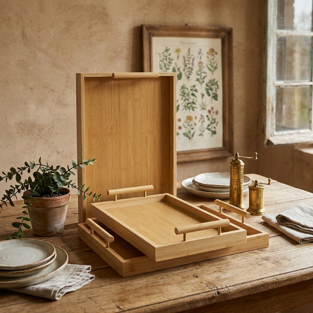 3-Piece Bamboo tray set with handles for serving and home organization