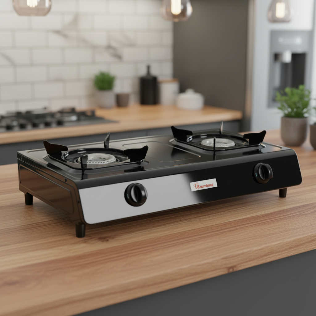 2 burner table top steel gas stove for home cooking with compact and durable design