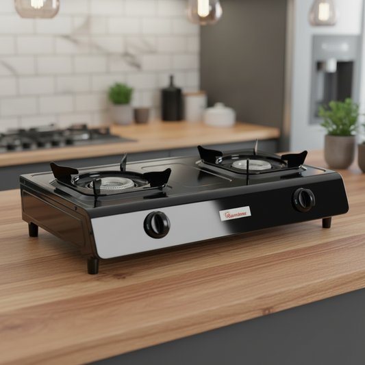 2 burner table top steel gas stove for home cooking with compact and durable design