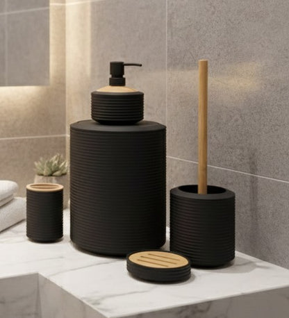 Ruffled 6-piece bathroom accessories set including toothbrush holder, soap dispenser, soap dish, trash can, toilet brush with holder, and tumbler in black, white, or beige