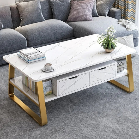 White coffee table with drawers for modern living room use