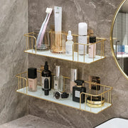 White marble glass bathroom shelf with iron frame Nordic style wall mounted storage shelf for toiletries skincare cosmetics and bathroom organisation.