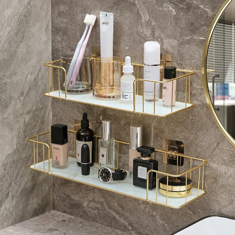 White marble glass bathroom shelf with iron frame Nordic style wall mounted storage shelf for toiletries skincare cosmetics and bathroom organisation.
