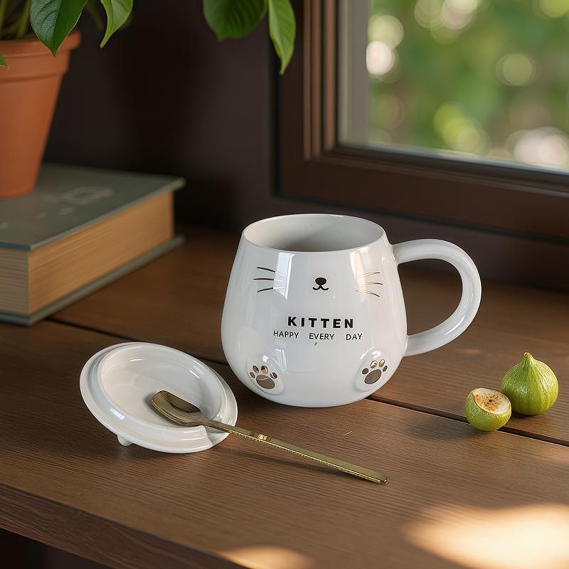 Glossy ceramic kitten themed coffee mug with lid and spoon in black and white, cute drinkware set.
