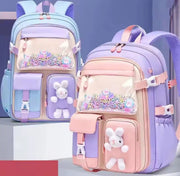 Lightweight girls school backpack in purple, blue, and pink.