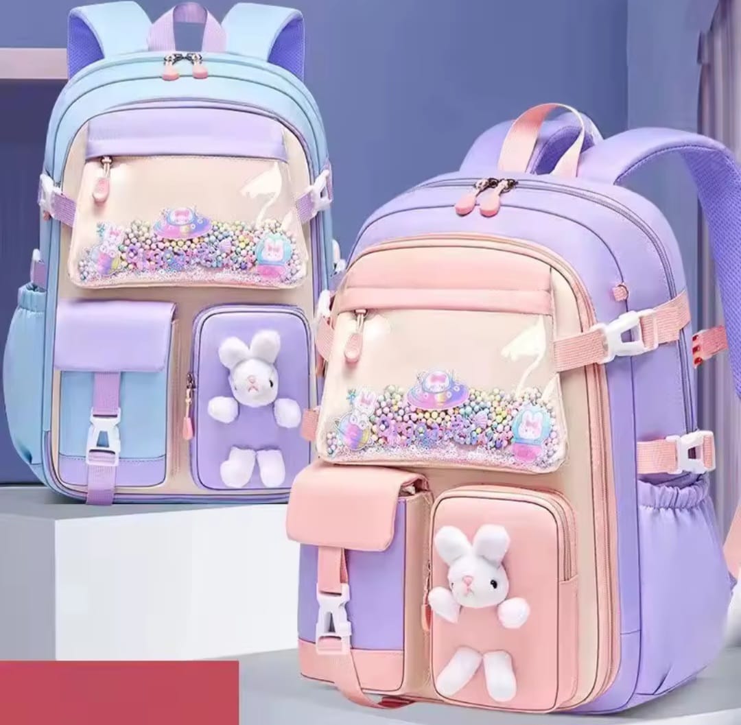 Lightweight girls school backpack in purple, blue, and pink.