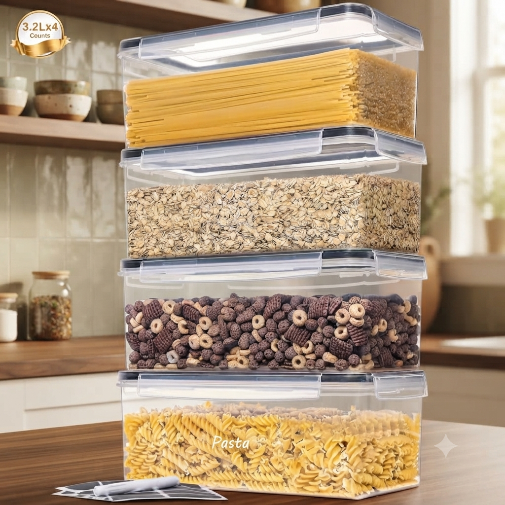 4 piece 3.2L transparent airtight food storage containers with lids, stickers, and scoops