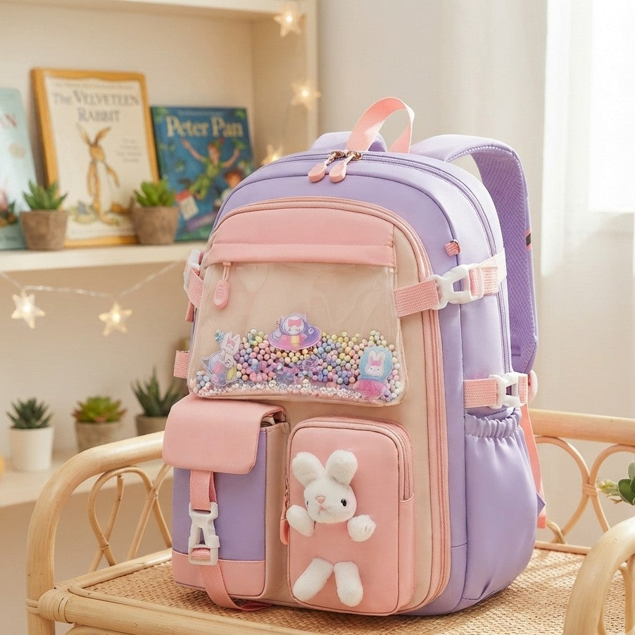 Stylish lightweight girls school backpack measuring 45 × 32 × 17 cm, available in purple and pink.