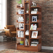 Dark brown bamboo multipurpose bookshelf with open display shelves and lower drawers, measuring 169 × 51 × 19 cm.