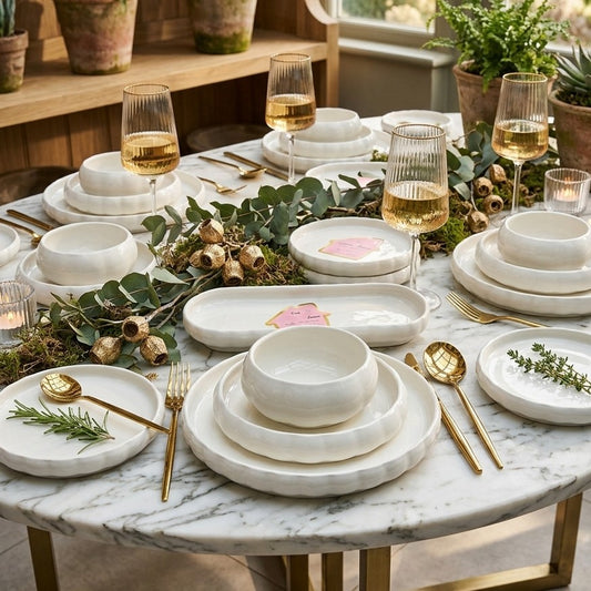 Premium 25pcs ceramic dinner set with plates, bowls, and platter, elegant microwave safe tableware. 🍽️