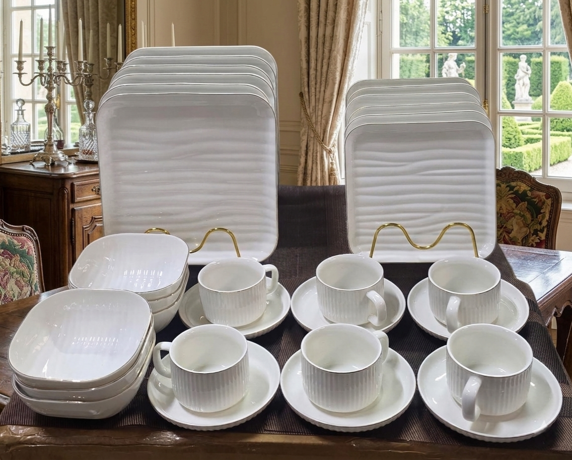 30-piece Square ripped dinner set with plates, bowls, saucers, and mugs