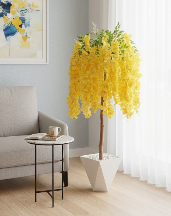 140cm tall artificial wisteria flower plant with cascading purple flowers and green leaves