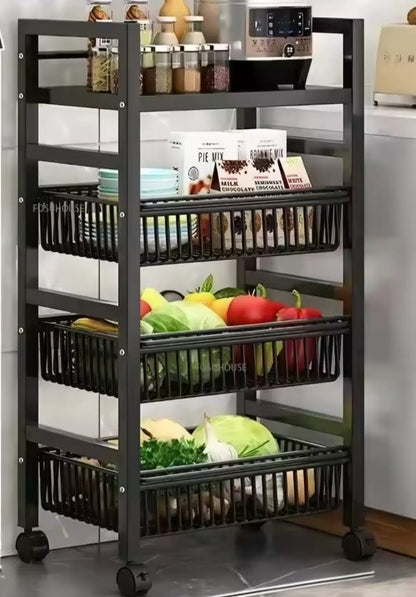 Black heavy metallic 4-layer vegetable rack with 3 mesh baskets, top microwave holder, and movable wheels