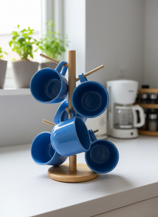 Set of 6 modern solid blue cups suitable for everyday drinkware.