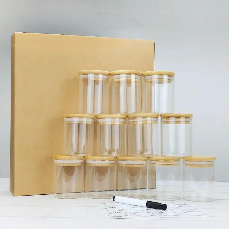 12Pcs Round Glass Spice Jar Set With Bamboo Lids