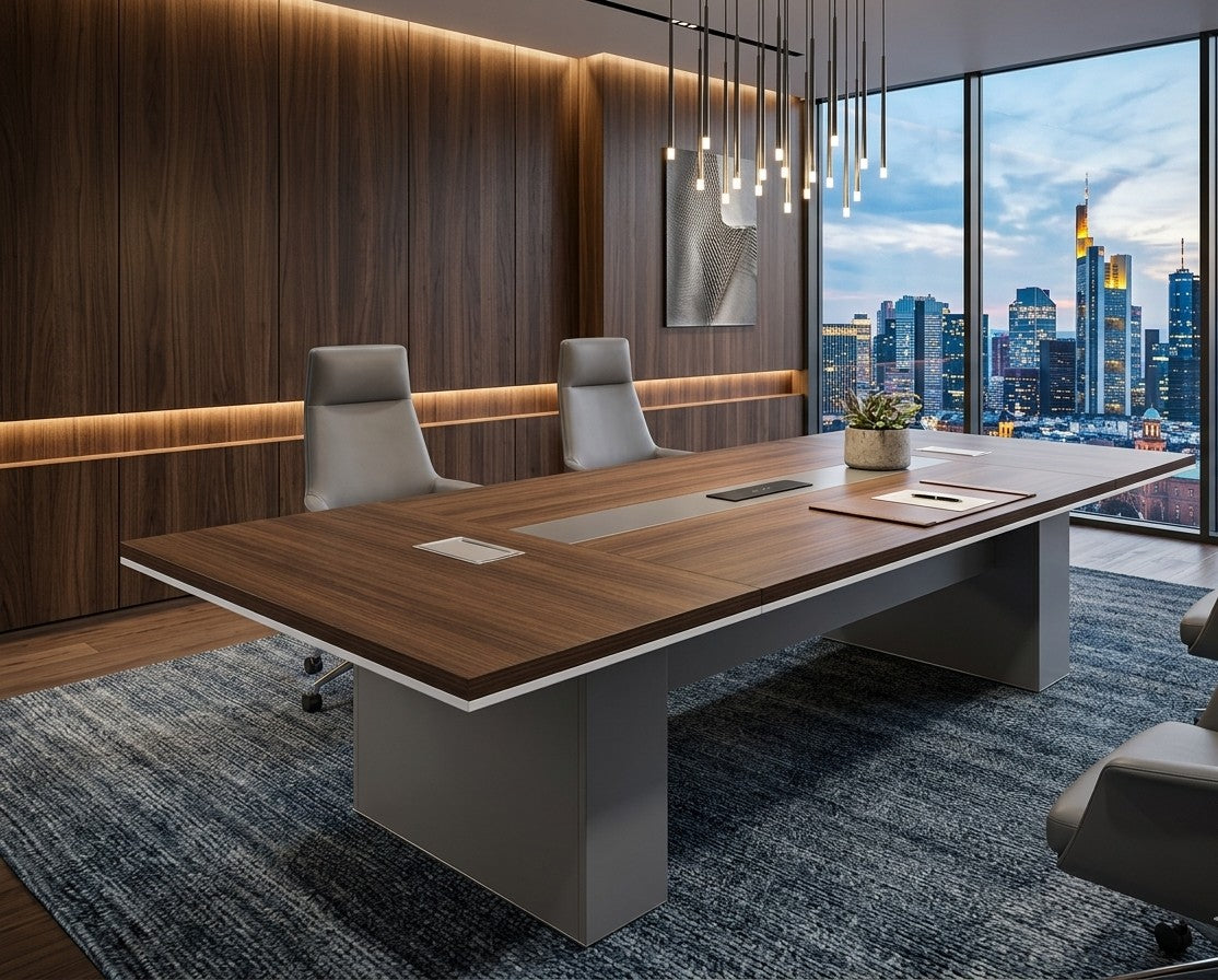 2.4 meter executive conference table with wood grain finish, integrated power ports, and modern V shape legs for boardroom use