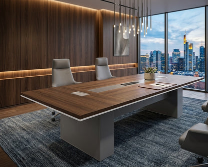 2.4 meter executive conference table with wood grain finish, integrated power ports, and modern V shape legs for boardroom use