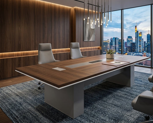 2.4 meter executive conference table with wood grain finish, integrated power ports, and modern V shape legs for boardroom use