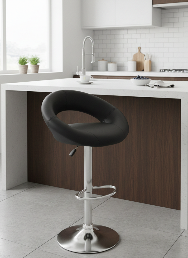 Modern black swivel bar stool with round backrest, chrome base, and adjustable height feature