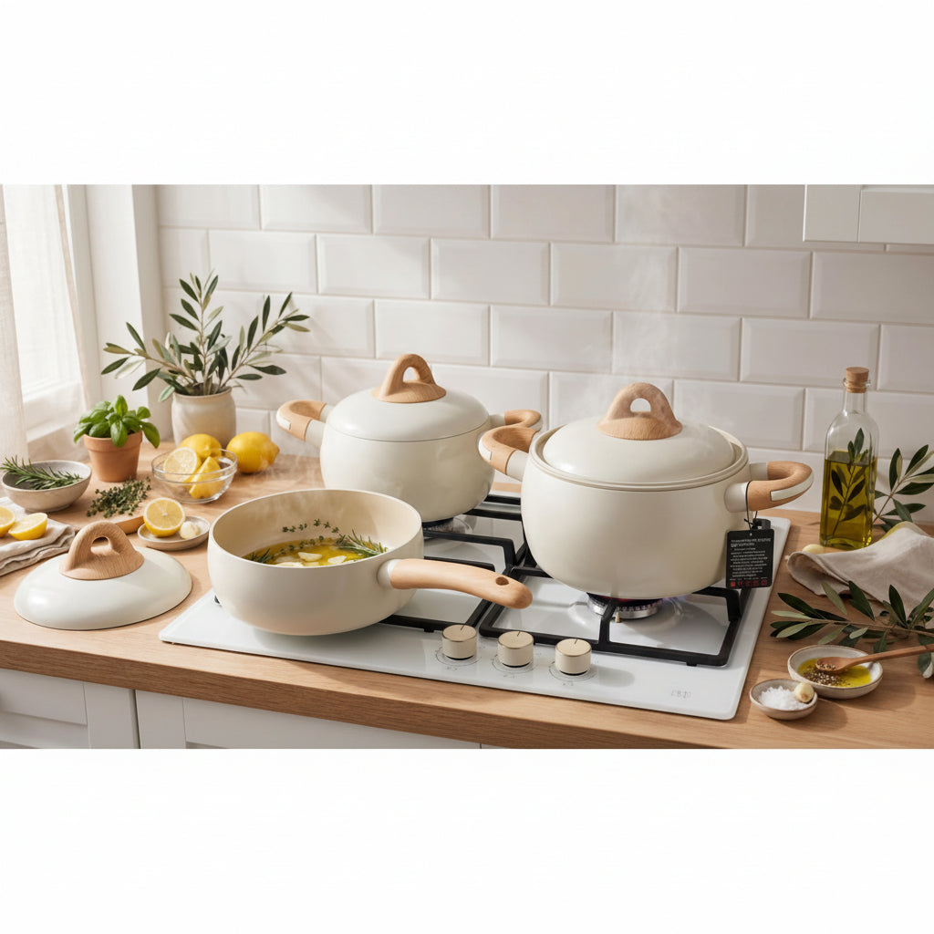 9 piece cream beige non stick cookware set with ceramic coating, four pots, four lids, one pan, and light wood style handles.