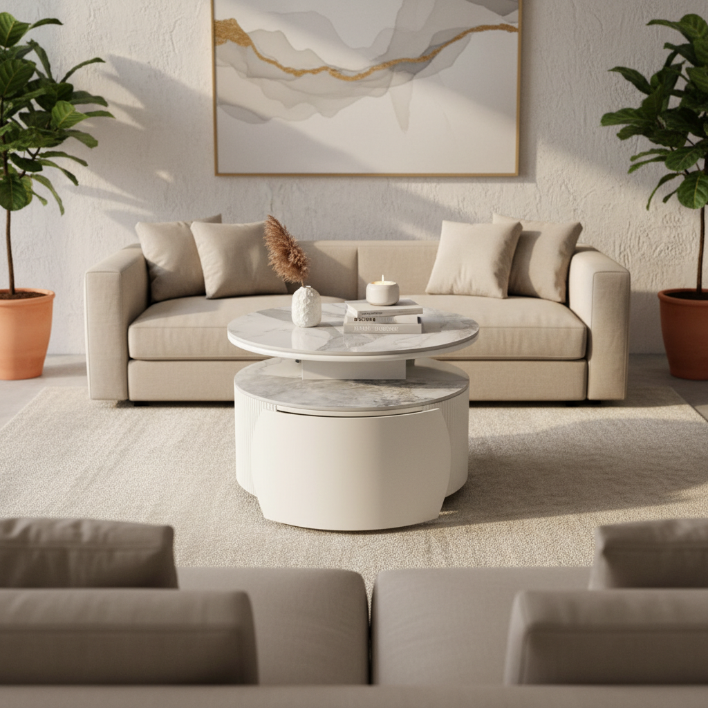 Dawood Lifestyle & Gadgets kes 2-piece rotating nesting coffee table set with marble top, fluted MDF base, curved storage drawer, and 360-degree rotating design for modern living room décor.