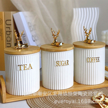 3 Piece Ribbed Ceramic Tea, Coffee & Sugar Canister Set