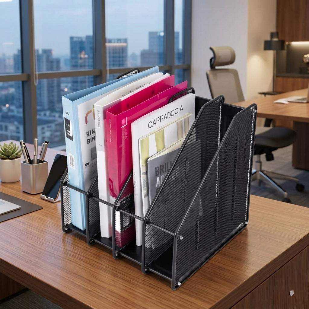 4 Slot Vertical Metallic Mesh Desk File Organizer