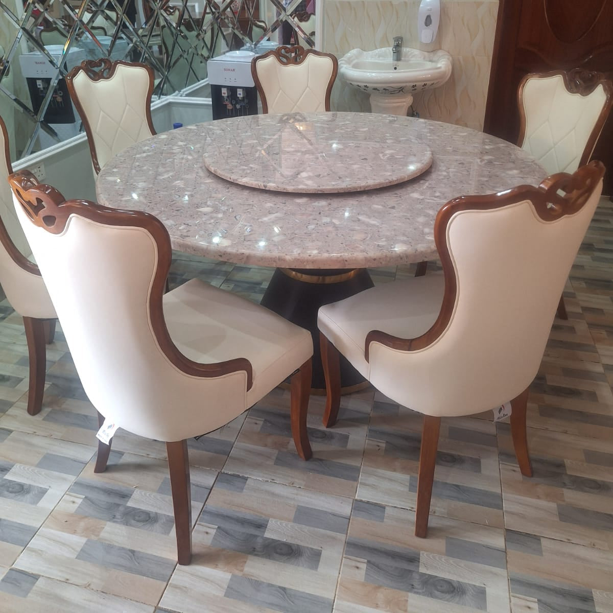 Round Marble Dining Table with Lazy Susan and 6 Upholstered Chairs