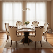 Round marble dining table with rotating Lazy Susan, black pedestal base with gold