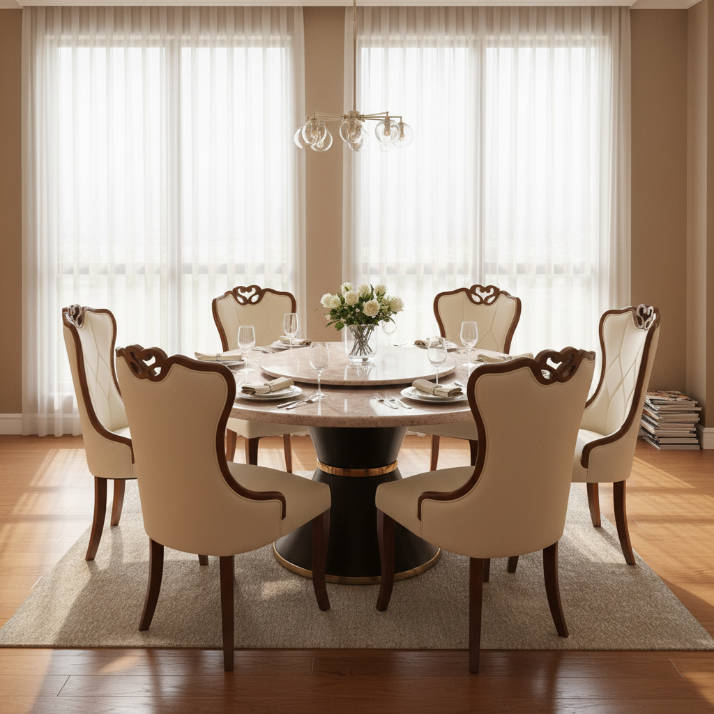 Round marble dining table with rotating Lazy Susan, black pedestal base with gold