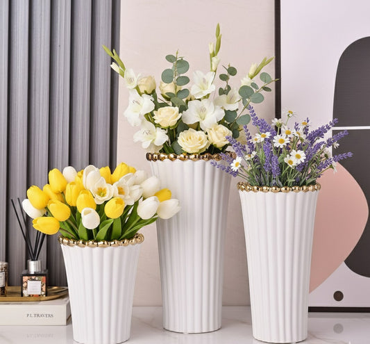 Set of 3 white ceramic vases for home décor, centerpieces, and decorative display
