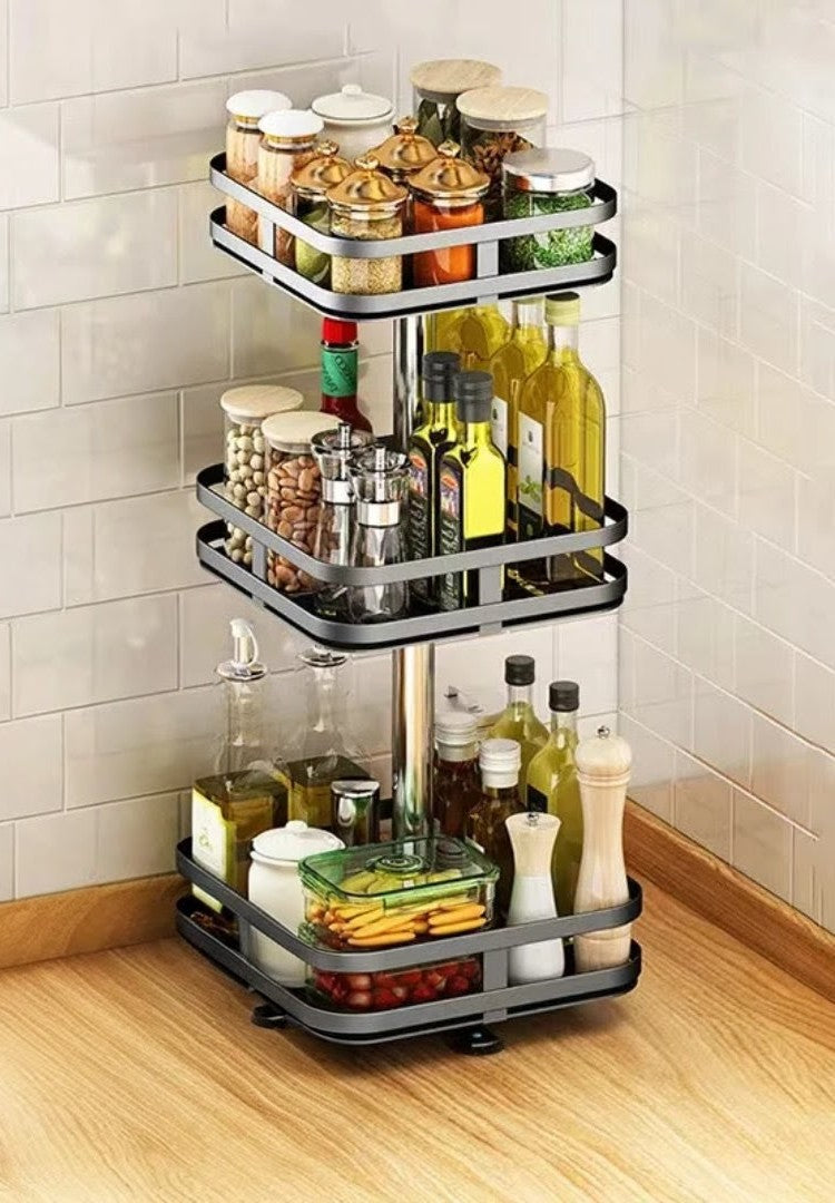 Rotating 3-Tier Spice Jar Glass Organizer