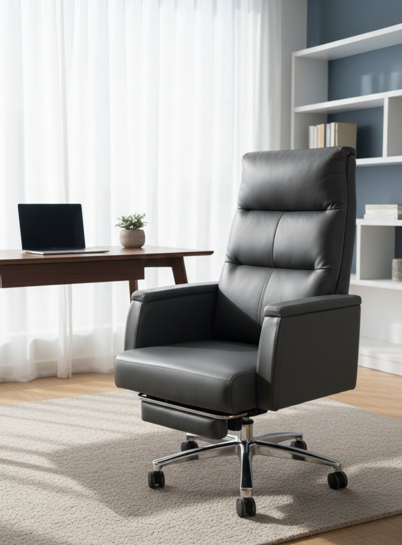 Black executive office chair with ergonomic design.
