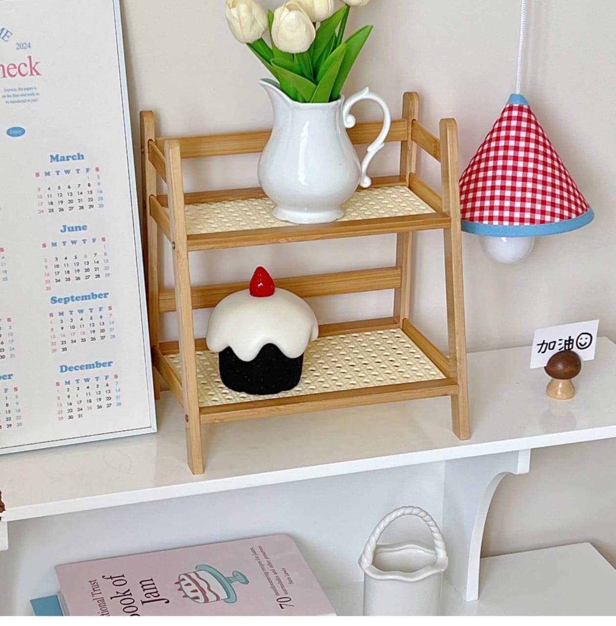 Wooden 2-tier desktop organizer for books, stationery, and skincare, compact and stylish