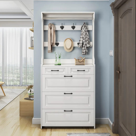 Slim 24cm multi-function hallway shoe cabinet with coat rack and drawers.