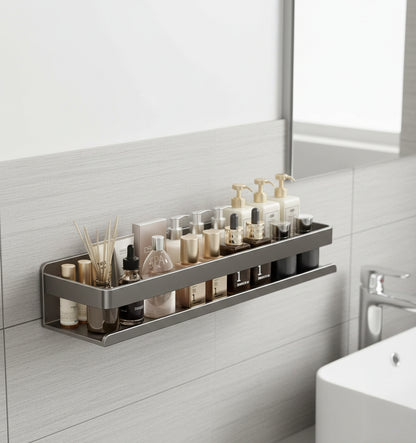 Black wall-mounted storage rack for bathroom or kitchen essentials.