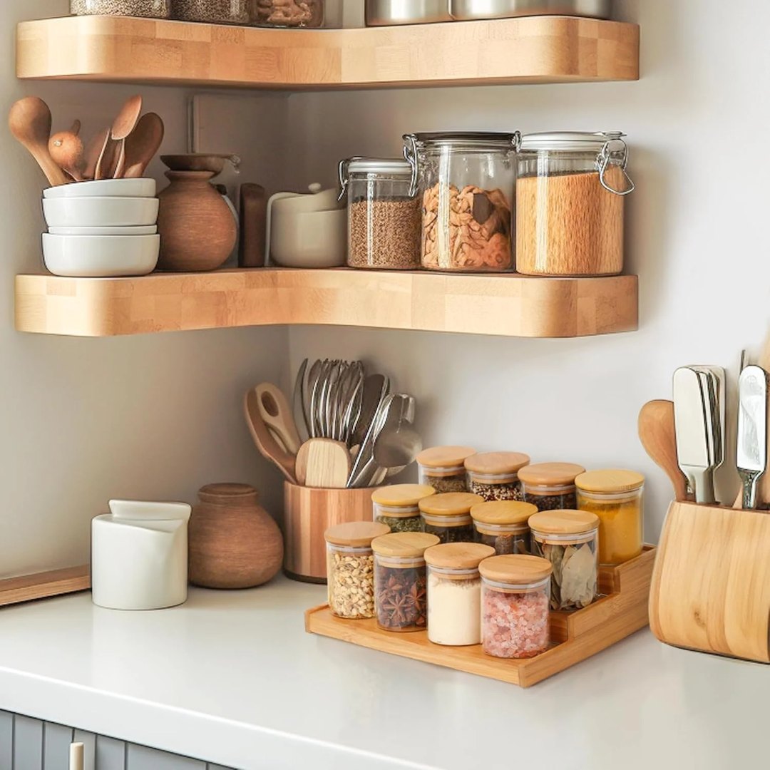 12Pcs Glass Spice Jar Set with Bamboo Lids & Stand
