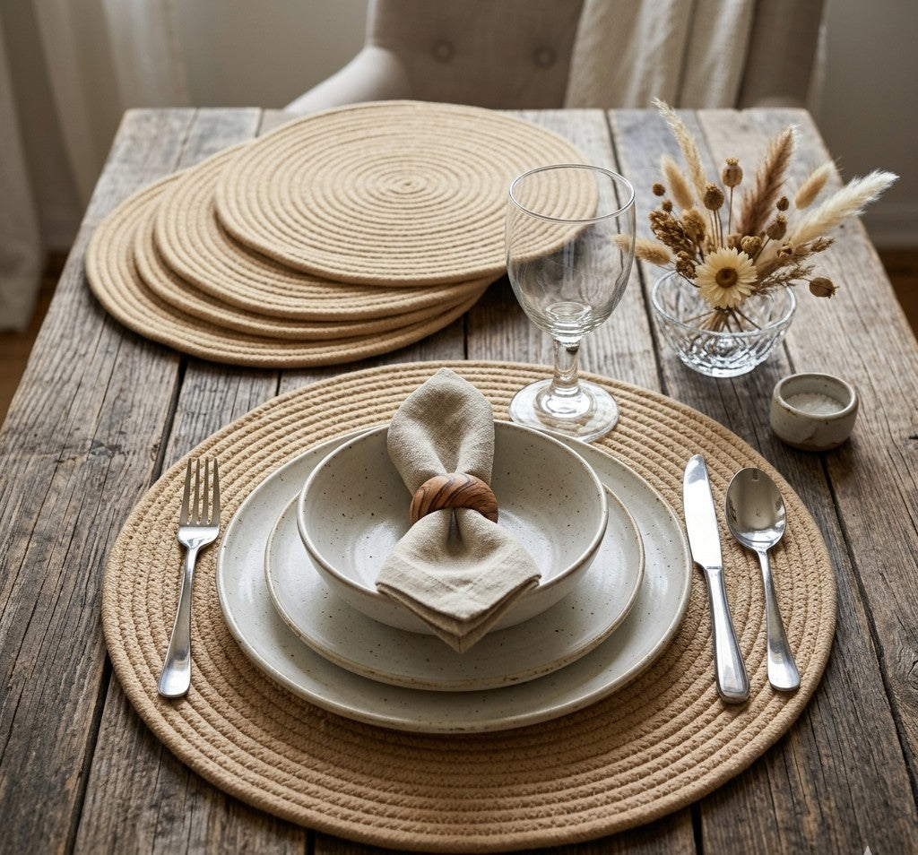 Set of 6 woven table mats, 38 cm diameter, durable and stylish for dining, living, or console tables. 🍽️