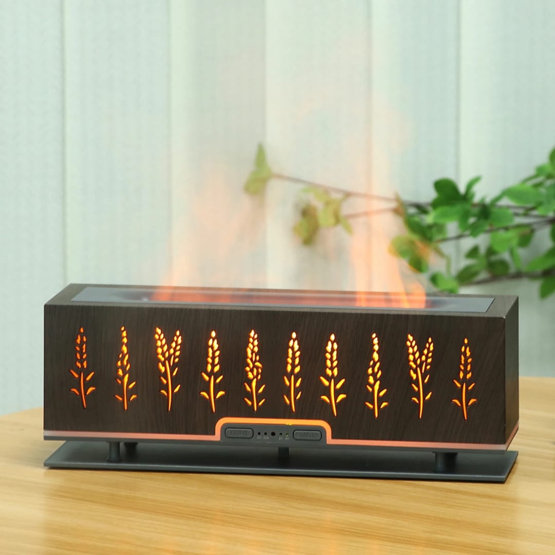 Wood grain simulation flame electronic air humidifier aroma diffuser for tabletop home décor