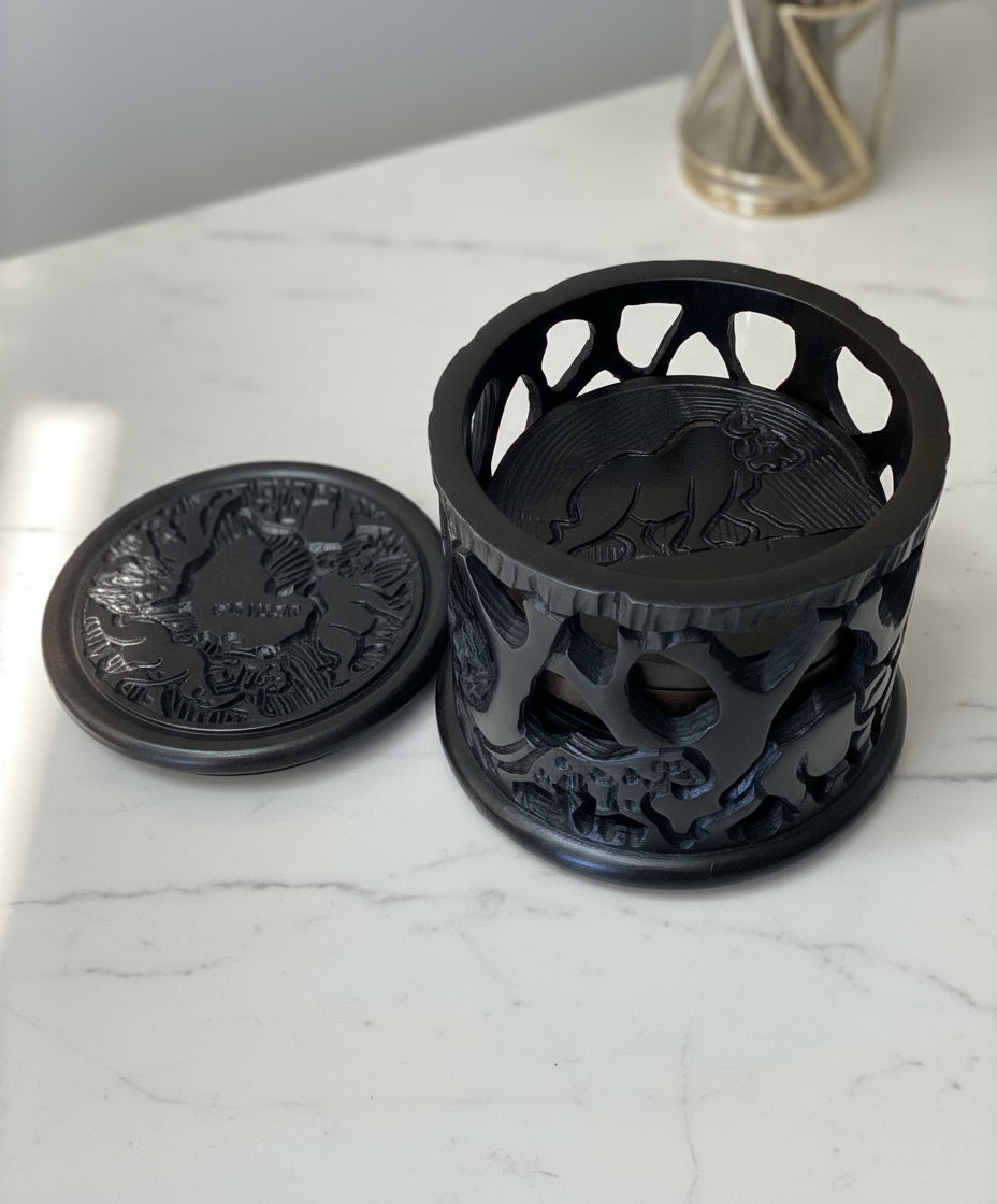 Ebony Wood Coaster Set With Big Five And Africa Map Carvings with  Matching Lidded Container