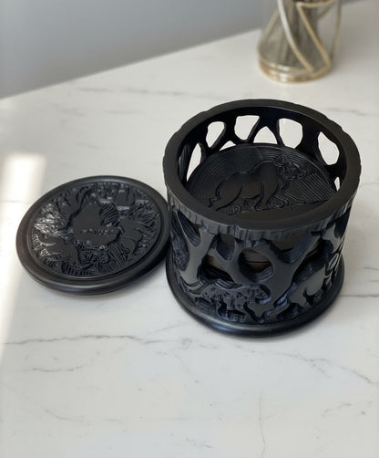 Ebony Wood Coaster Set With Big Five And Africa Map Carvings with  Matching Lidded Container