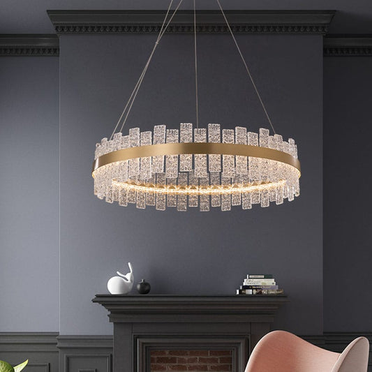 Crystal chandelier with 60cm diameter, adjustable height, and multifaceted crystals for living room or dining use