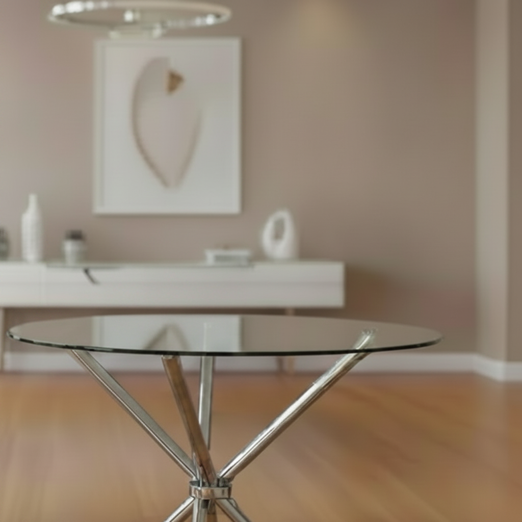 Round Clear Glass Dining Table with Metal legs.