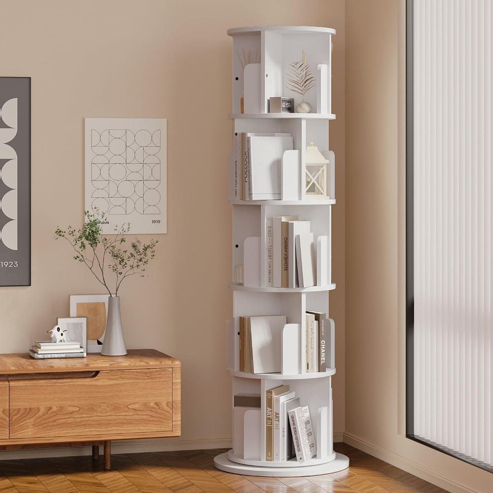 5-tier modern wooden bookshelf organizer with wheels, 360-degree stackable design and multiple compartments
