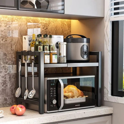 Expandable metallic microwave stand for organizing kitchen appliances and creating extra countertop storage space