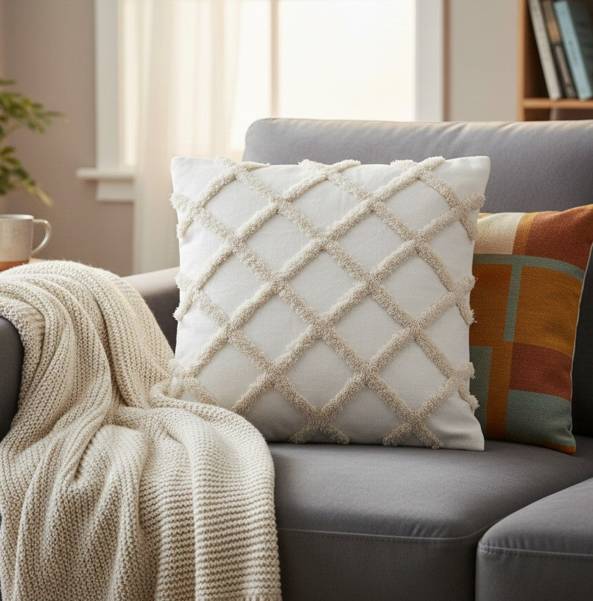 Boho Geometric Diamond Line Tufted Pillow Covers – 45×45 cm