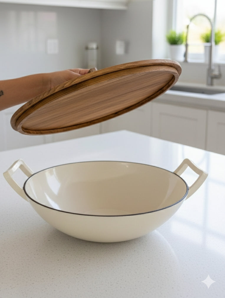 Enamel Non-Stick Cast Iron Wok Pan With Wooden Lid