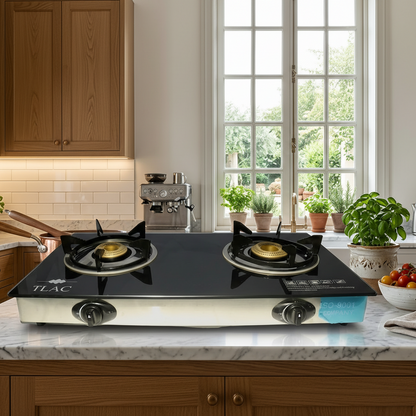 TLAC black glass top 2 burner gas stove with auto ignition for modern kitchen cooking. 